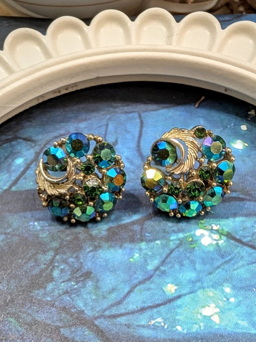 1940's signed Lisner Moon Earrings w/ Peacock Aurora Borealis & Green Rhinestone